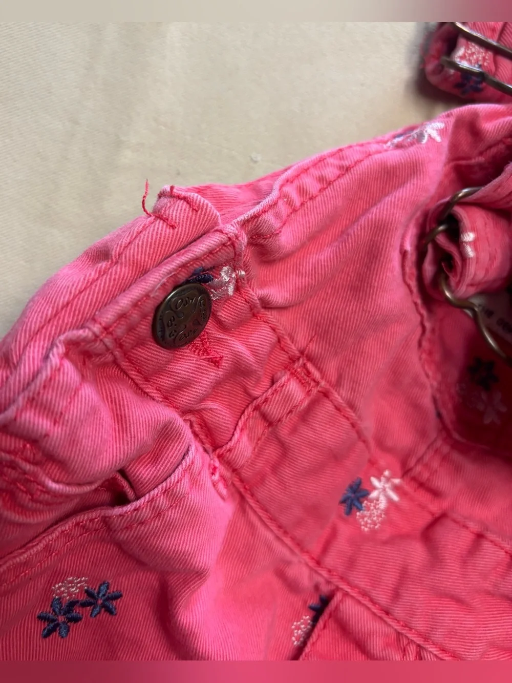 OshKosh Bgosh Baby Girl Overall Shorts 9 Months Dark Pink Flowers Embroidered